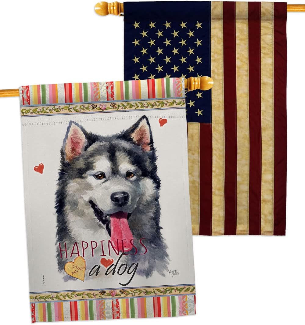 Breeze Decor Alaskan Malamute Happiness House Flag Pack Dog Puppy Spoiled Paw Canine Fur Pet Nature Farm Animal Creature Vintage Applique Banner Small Garden Yard Gift Double-Sided, Made in USA