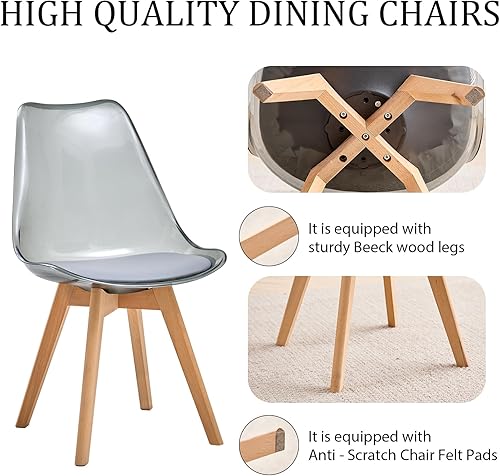 Miniatura 5 de Juego de 4 sillas de comedor transparentes, sillas de cocina modernas con cojines de piel sintética y patas de madera, silla de cena acrílica para