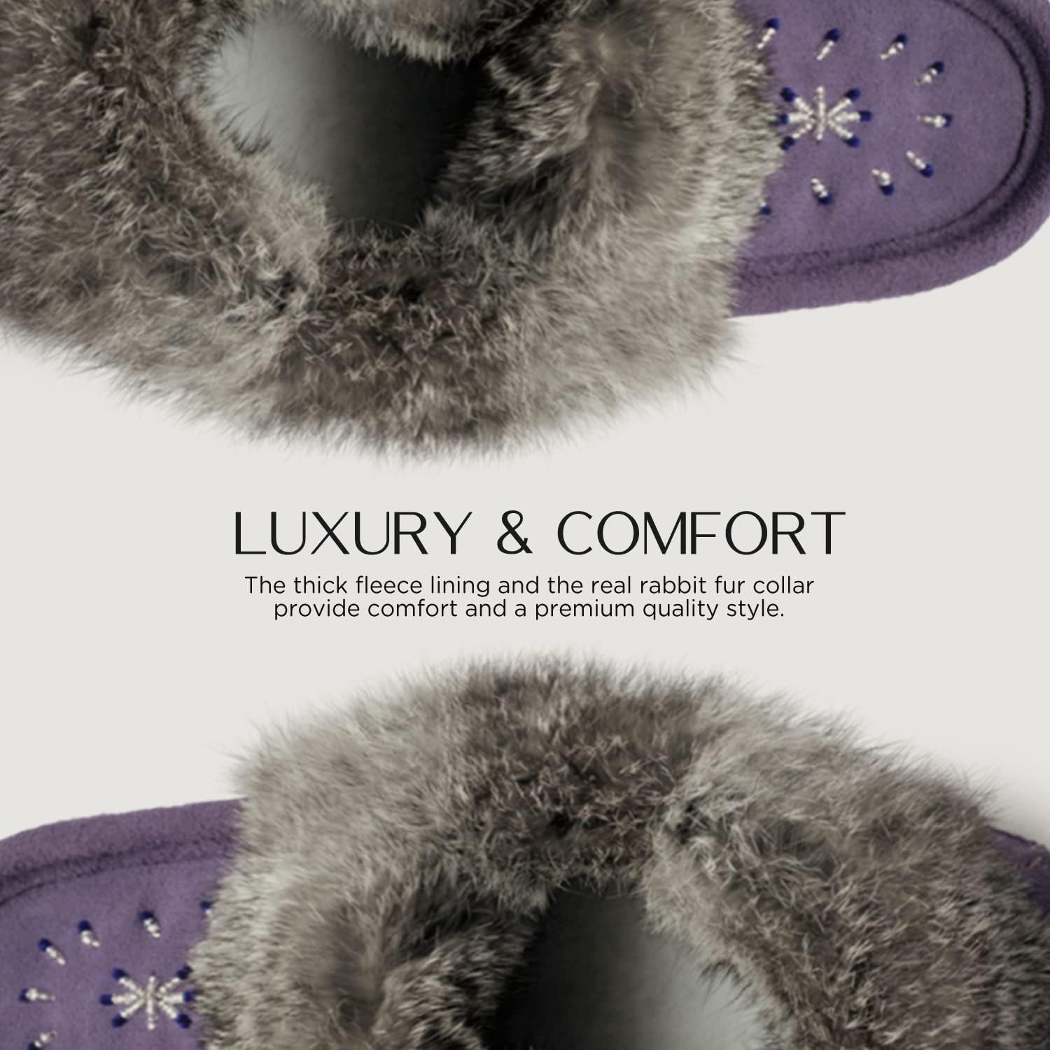 Laurentian Chief Moccasin Slippers for Women – Ladies Comfortable Slippers with Real Rabbit Fur Trim and Soft Faux Lining – Canada Quality Beaded Style Warmie Shoes for House Indoor