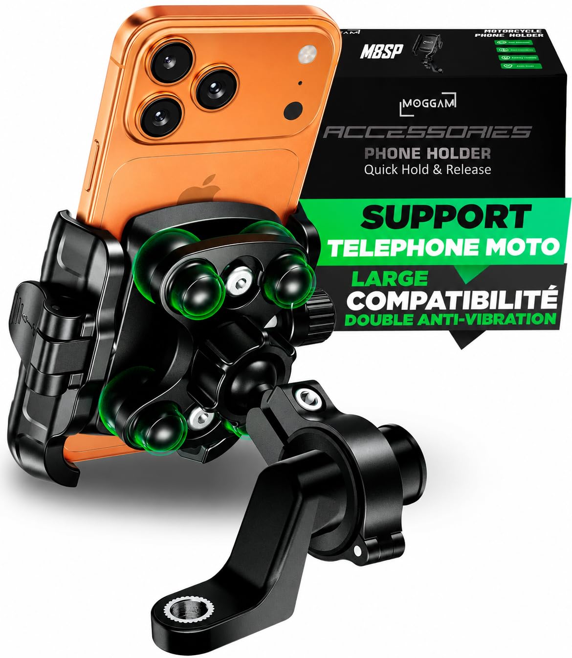 Support Telephone Moto Antivibration Aluminium CNC Double Fixation Guidon 22-32mm Rétroviseur 12–14 mm Libération Rapide Design Ouvert Compatible Scooter Vélo Trottinette Électrique Rotation 360°