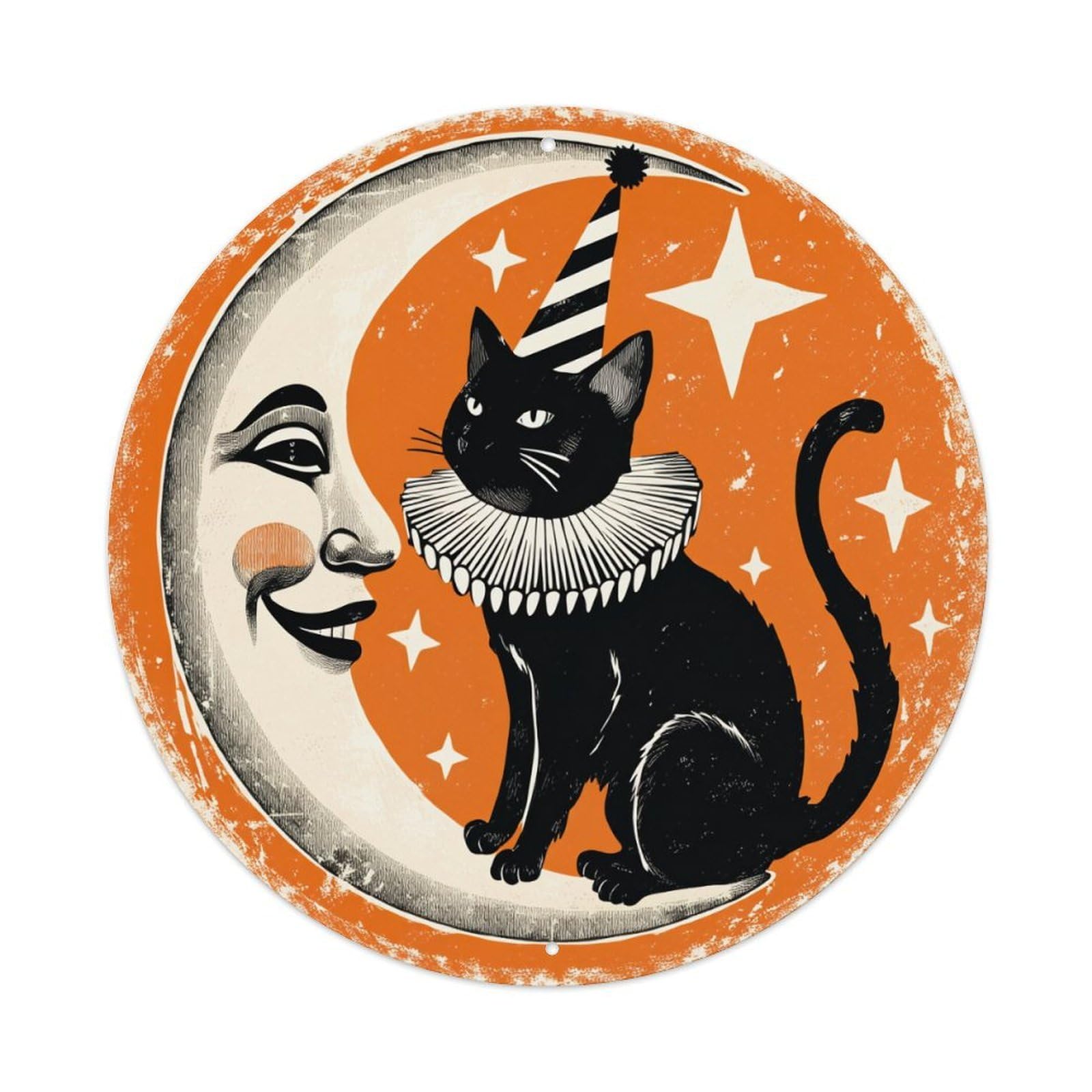 Cat Moon Stars Party Hat_1 Round Tin Sign Vintage Metal Poster, Home Bar Garage Man Cave Cafe Indoor & Outdoor Wall Decoration 8x8Inches