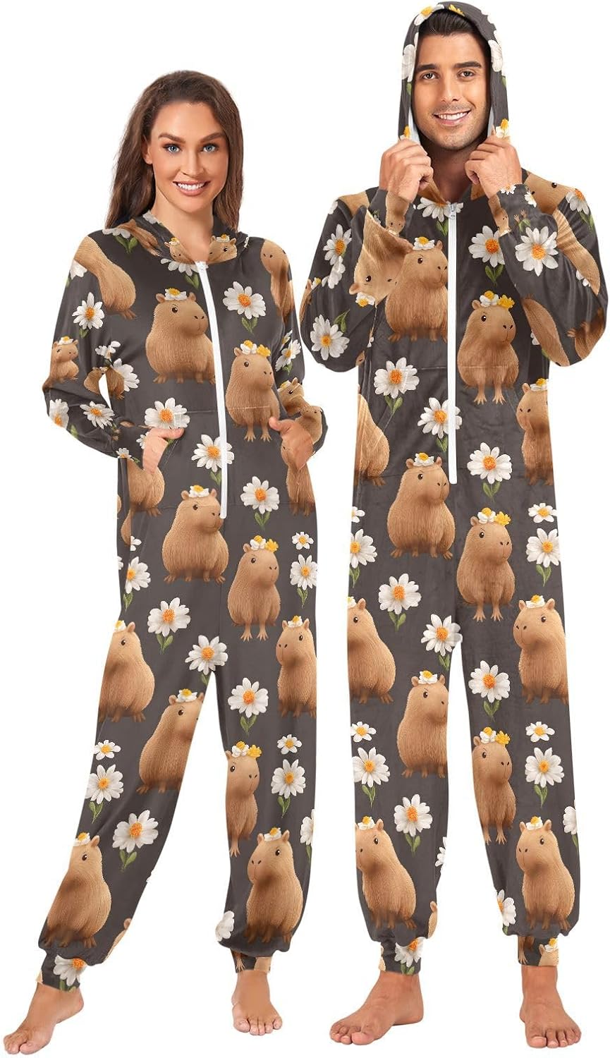 ALAZA Cute Capibala Daisy Blossom Flower Adult Onesie Unisex Pajamas One-Piece Costume Hooded Jumpsuit Sleepwear for Men Women XL Multicolor