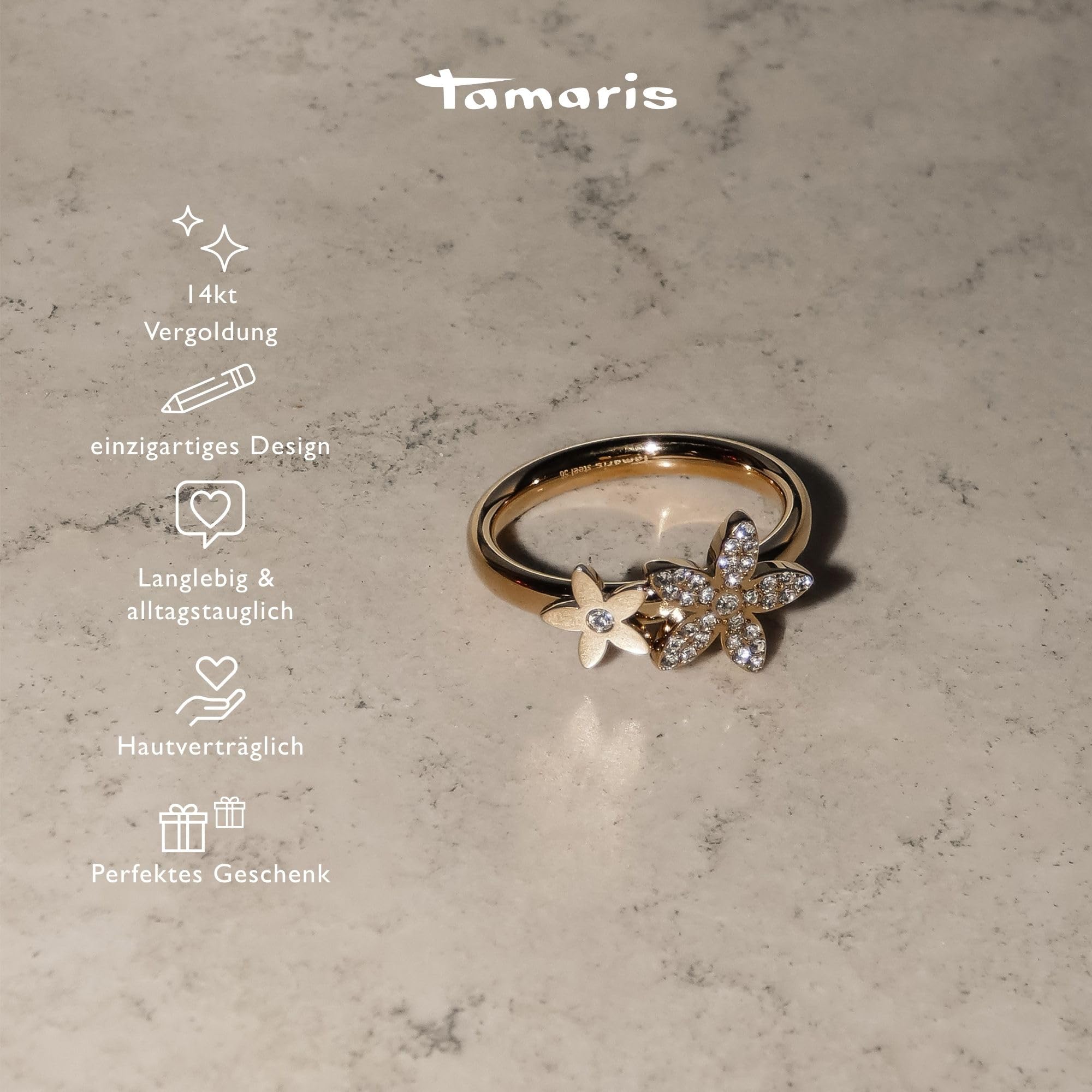 Tamaris Damen Ring aus Edelstahl mit Blütenmotiv