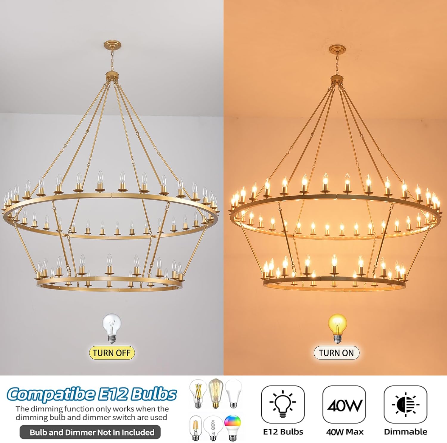 60 Inch Gold Extra Large Wagon Wheel Chandelier, 2 Tier 54-Lights Farmhouse Industrial Round High Ceiling Pendant Light Adjustable Chain, for Dining Room, Living Room