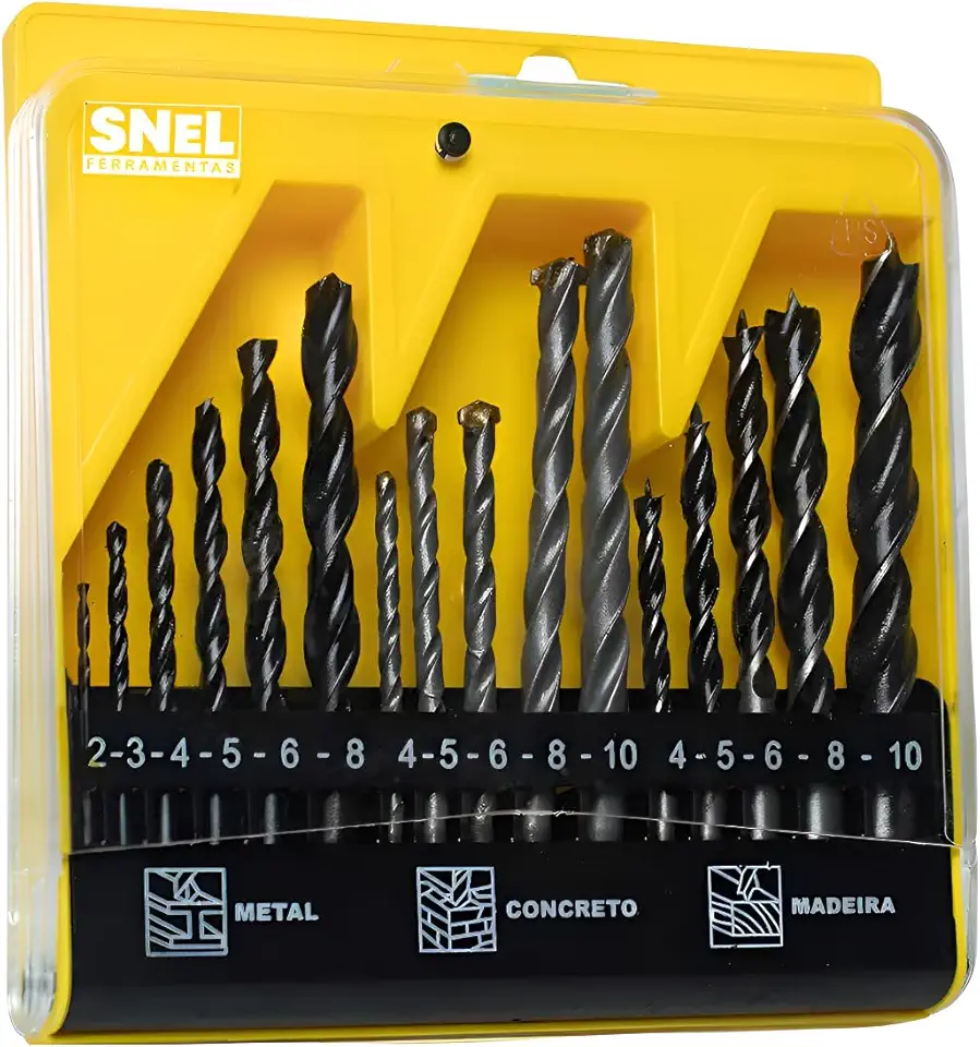 Jogo De Brocas Kit 16 Peças Com Estojo Madeira Ferro Concreto Metal Vidro Aço Para Furadeira e Parafusadeira