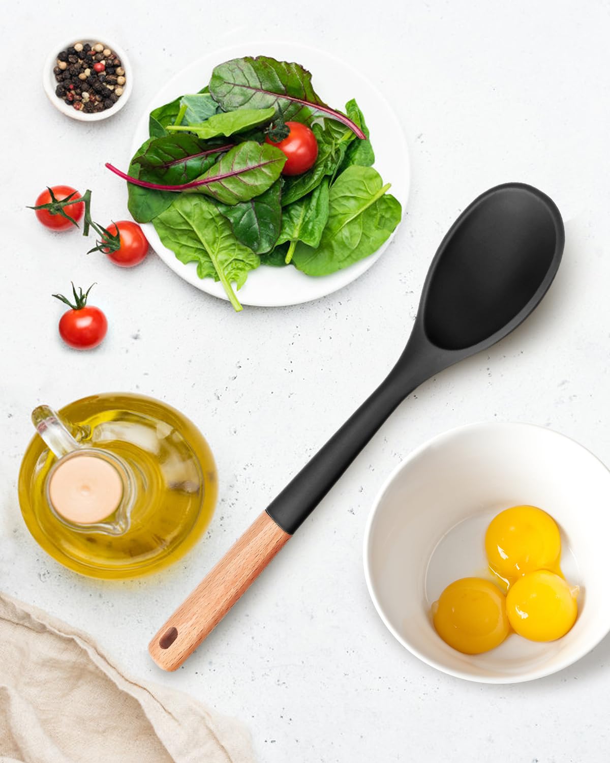 Cucharas de cocina grandes de silicona, cuchara antiadherente con mango de madera maciza, cucharas de cocina de silicona resistentes al calor para cocinar, servir, untar y mezclar, 13.2 pulgadas,