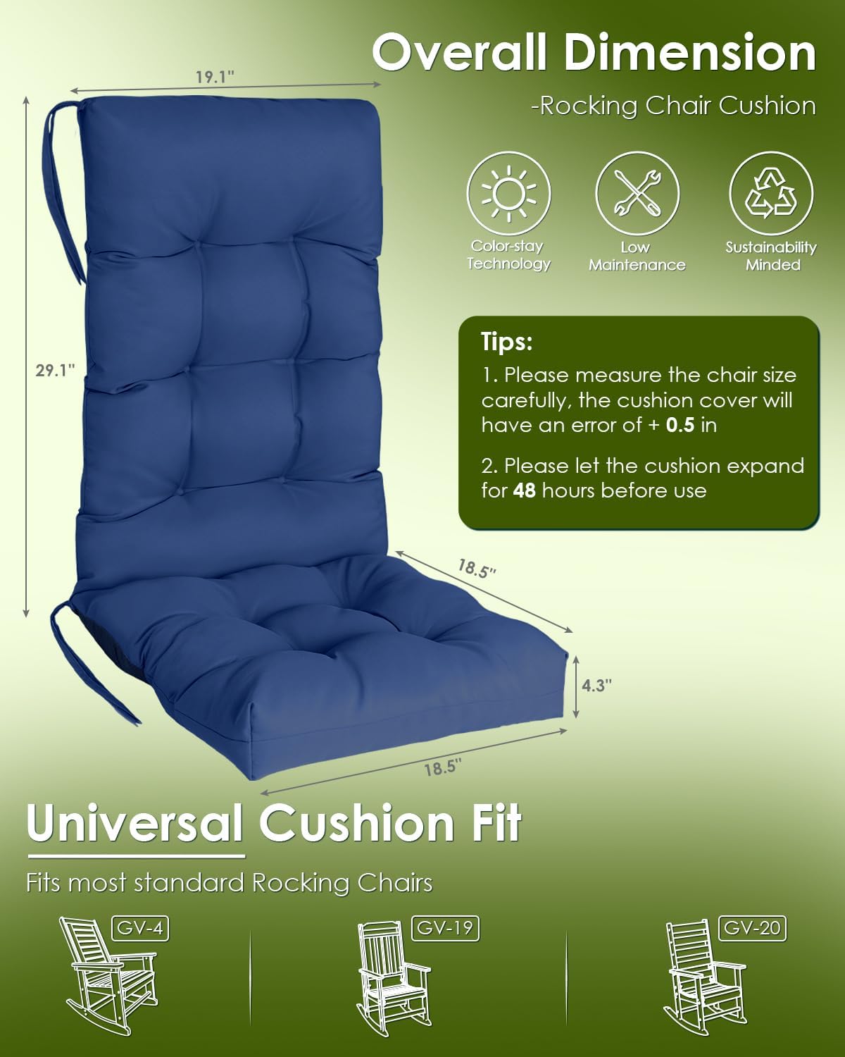 GREENVINES Rocking Chair Cushions Set of 2 | Polyester | Waterproof | Outdoor High Back Rocker Chairs Cushion | Seat with Ties | Non-Slip | Thickened Pad for Patio | 46.5" x 18.5" x 4.3" | Blue