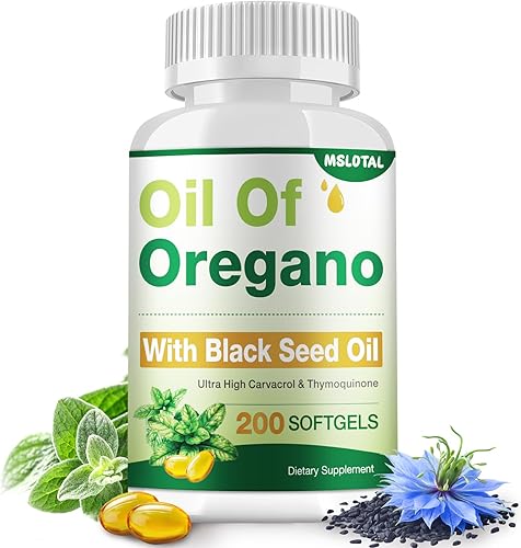 Aceite de orégano con aceite de semilla negra 200 cápsulas de aceite de orégano orgánico, apoyo inmunológico y digestivo, apoyo antioxidante, sin