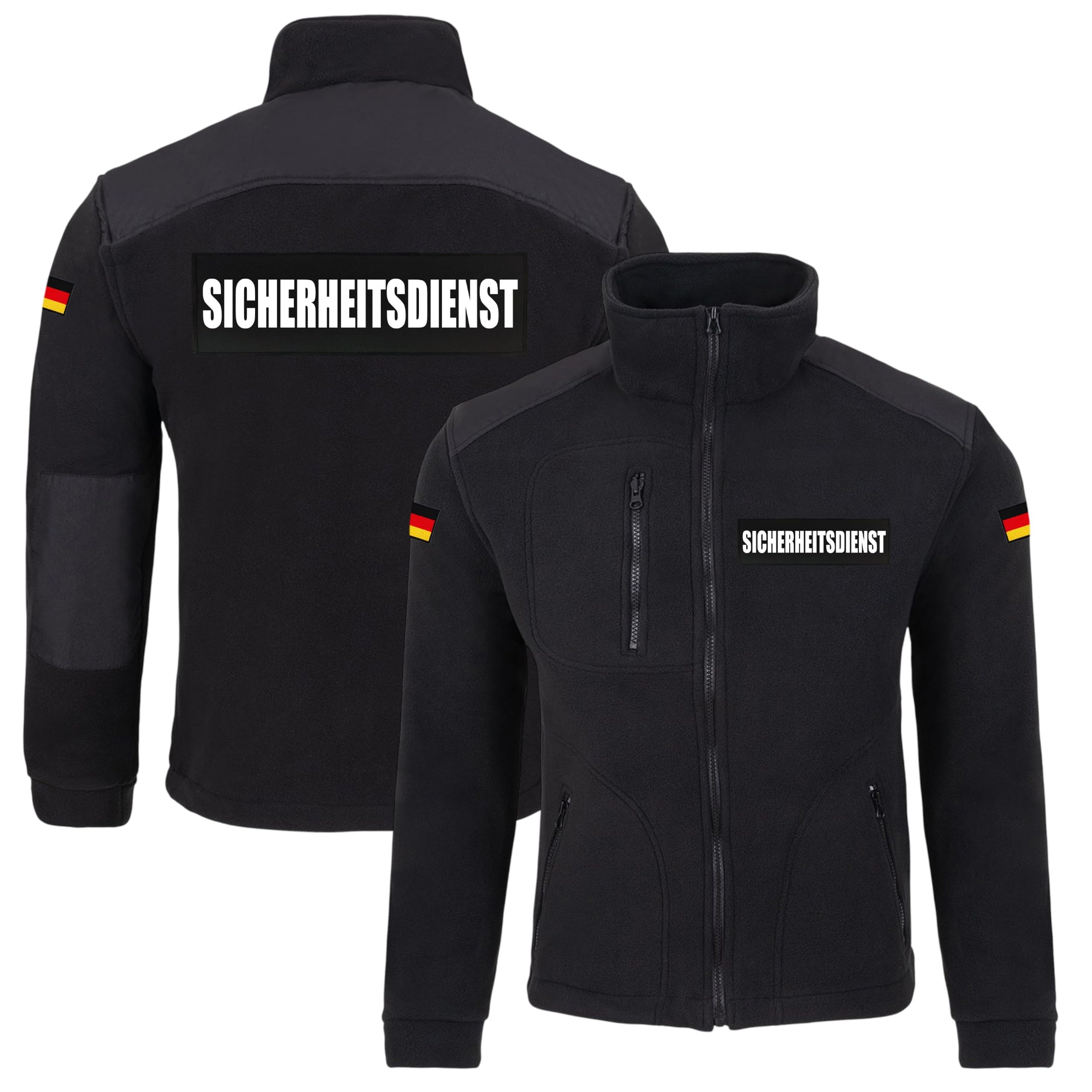 Sicherheitsdienst Fleecejacke Herren – Funktionale Arbeitsjacke aus warmem Polar-Fleece mit Aufdruck vorne & hinten, ideal als HI VIZ Security Fleece Jacke, Wachschutz, wahlweise mit Deutschlandflagge