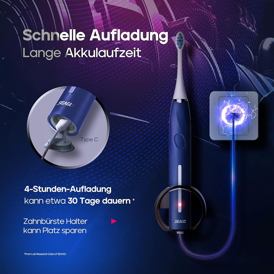 Elektrische Zahnbürste, Seago Zahnbürste Elektrisch mit Drucksensor, 40000 VPM 8 Weiche Zbürstenköpfe 5 Modi, Schallzahnbürste mit Zahnbürste Halter, Reiseetui, für Erwachsene, SG-2752(Blau), Bild 9