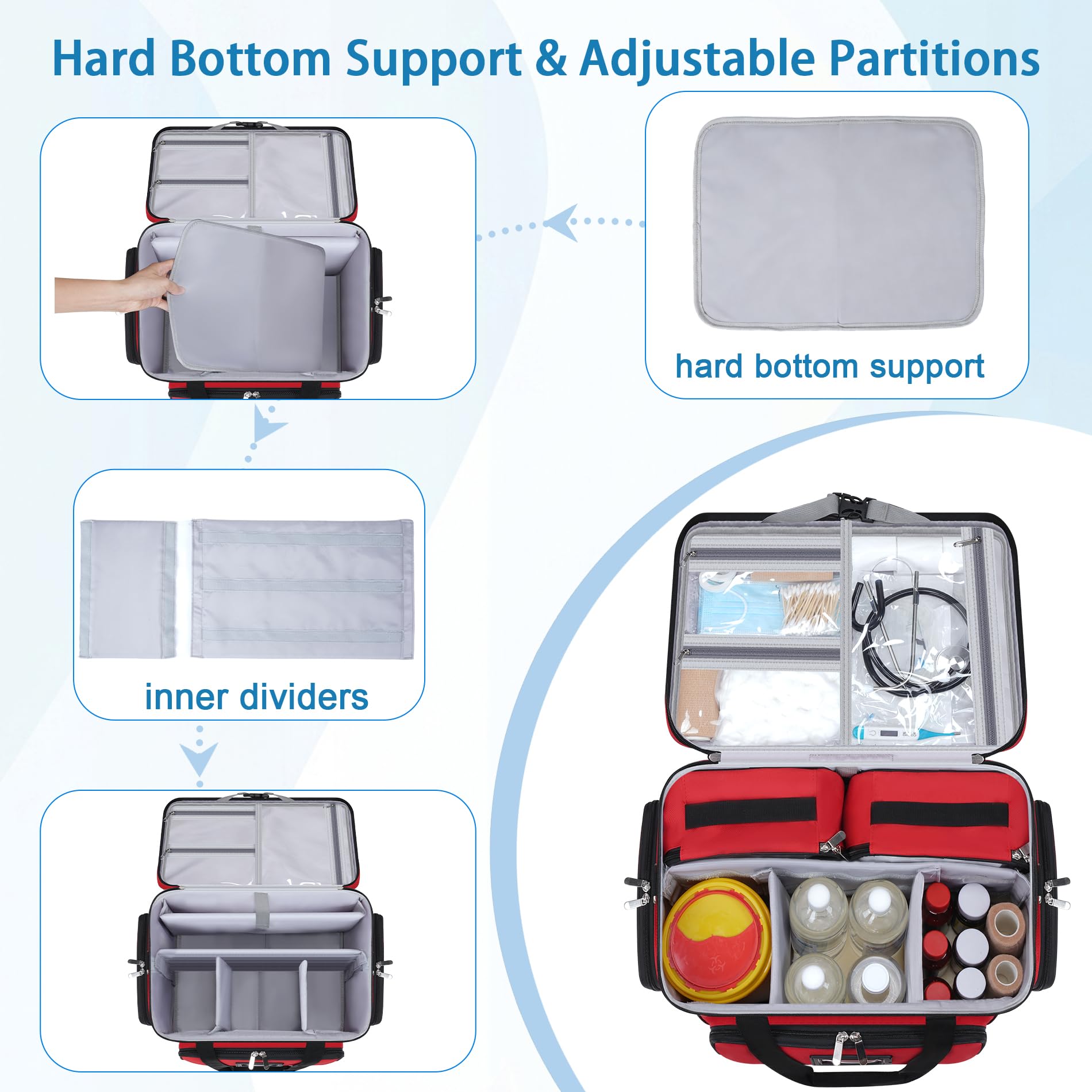 Borsa medica arrotolabile con carrello staccabile, borsa da infermiera con divisori rimovibili e sacchetti di stoccaggio, borsa per primo soccorso vuota per infermieri, medici, ambulatori, rossa
