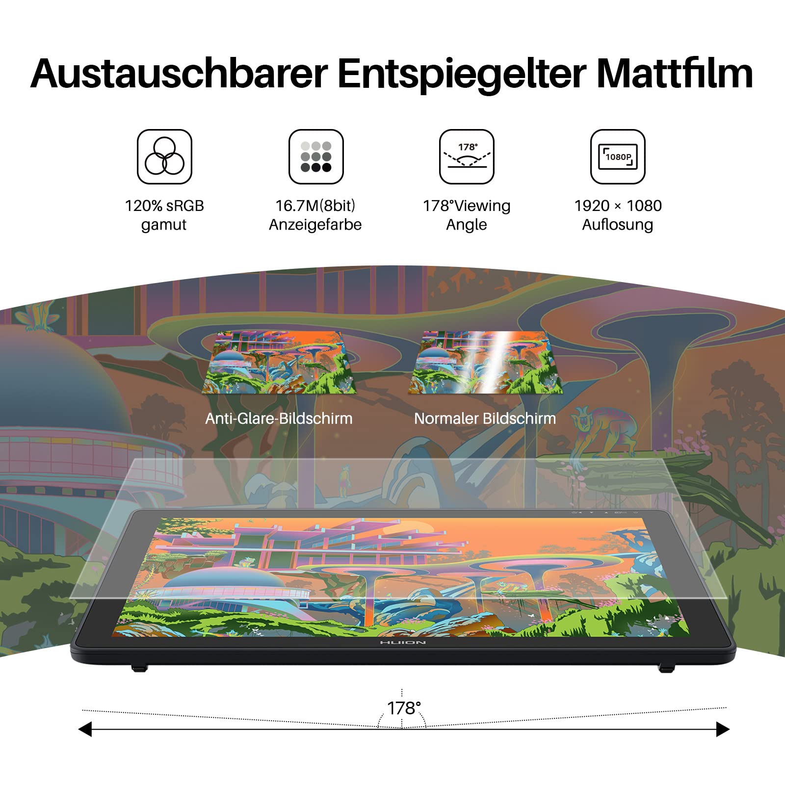 HUION Kamvas 22 21,5 Zoll Grafiktablett mit Display, 120% sRGB-Farbumfang, blendfreier Mattfilm, kann über EIN voll ausgestattetes USB-C-zu-USB-C-Kabel mit dem Android-Telefon verbunden Werden