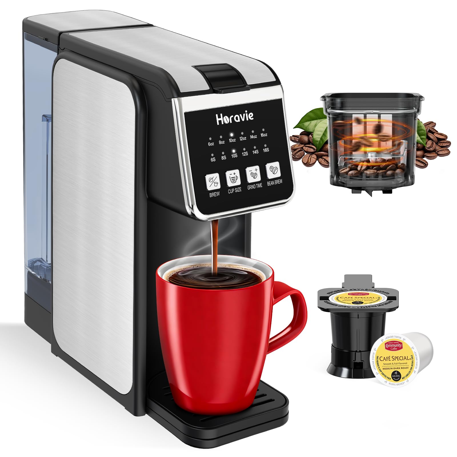 Horavie Single Serve Coffee Maker with Built-in Grinder, Fast Brew 6-16oz Single Cup for Whole Beans, Grounds, K Pod, Grind and Brew Coffee Maker with 47oz Water Tank, Descaling Alert, Black - 2