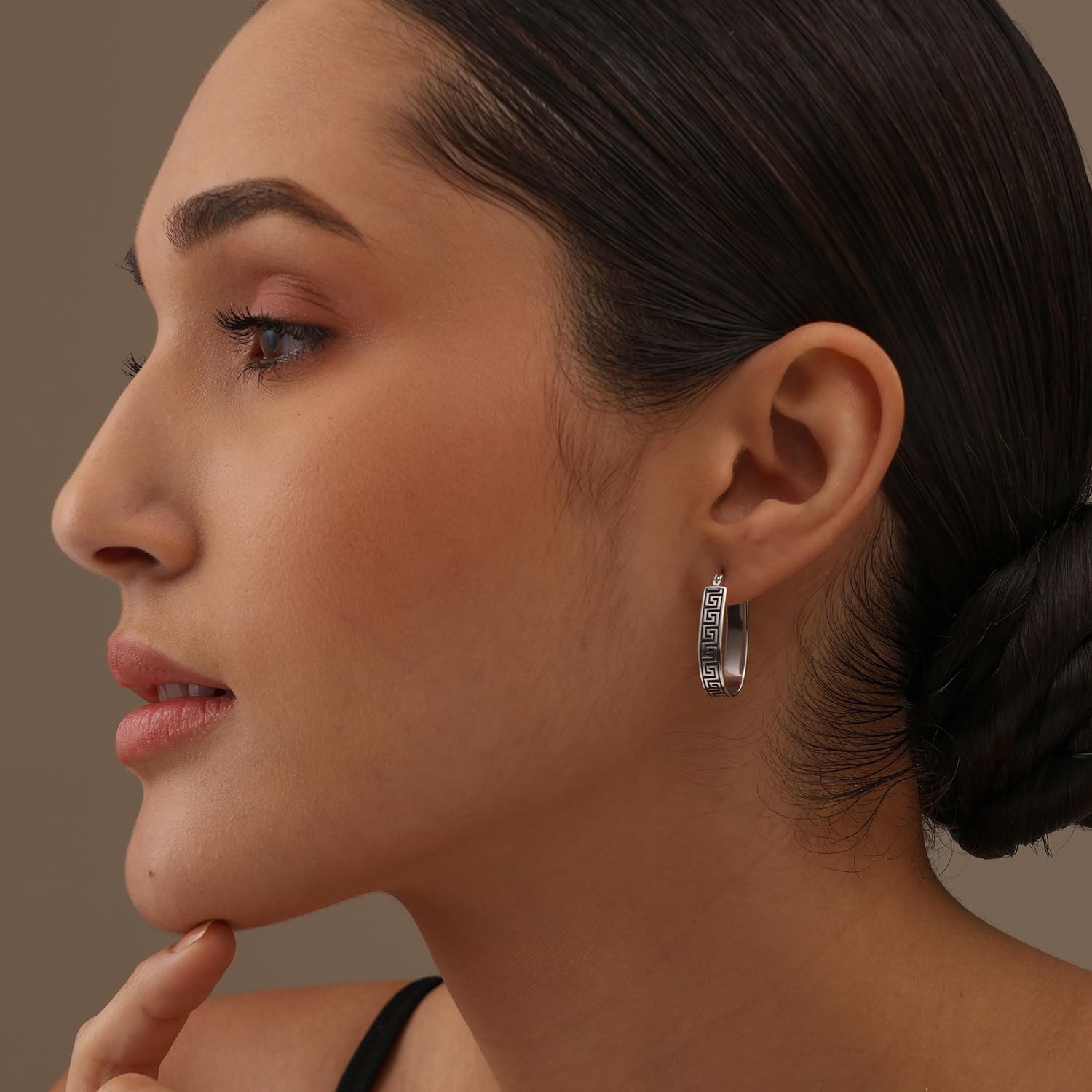 LeCalla 925 Sterling Silver Greek Key Hoop Earrings Lightweight Click-Top Greek Wall Cut-Out Pattern Earring Hoops for Women