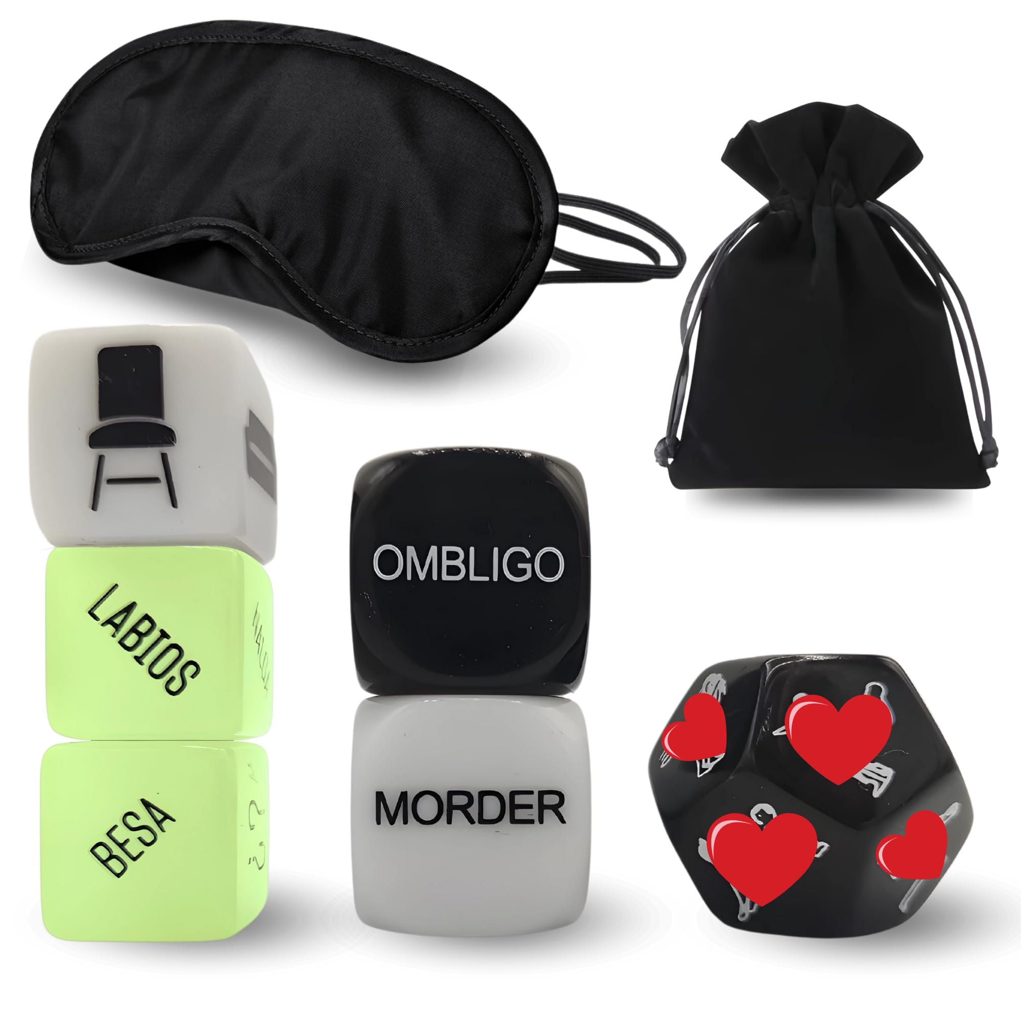 VEXALIA 6 Dados Para Parejas + Antifaz + Bolsa De Terciopelo - Dados Para Adultos En Español - Regalo Original Para San Valentín