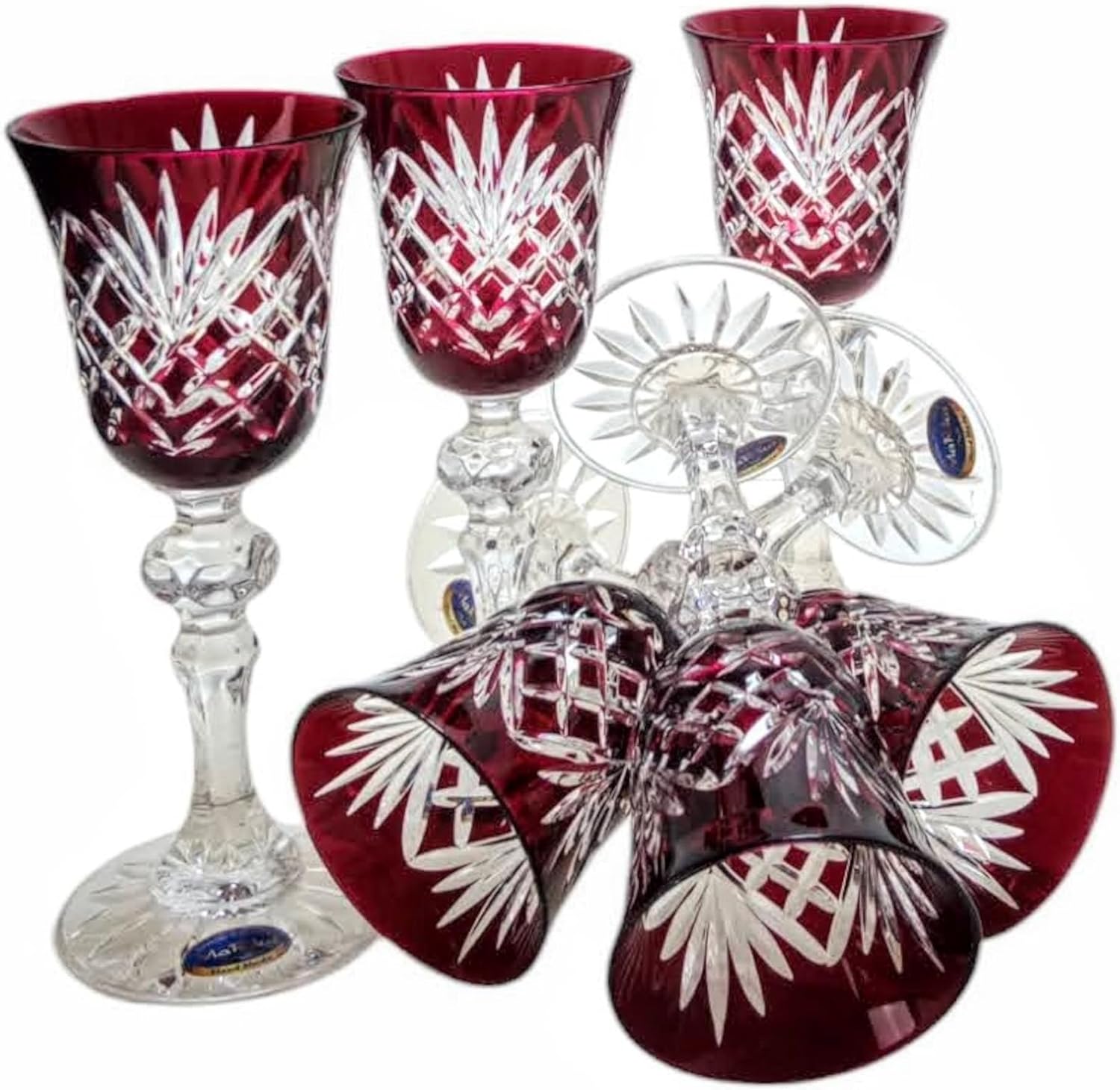 MaRika Crystal Liqueur Glasses 60ml - Set of 6 Ruby Red Hand Decorated Elegant Glass for Liquors and Spirits - Gift Idea