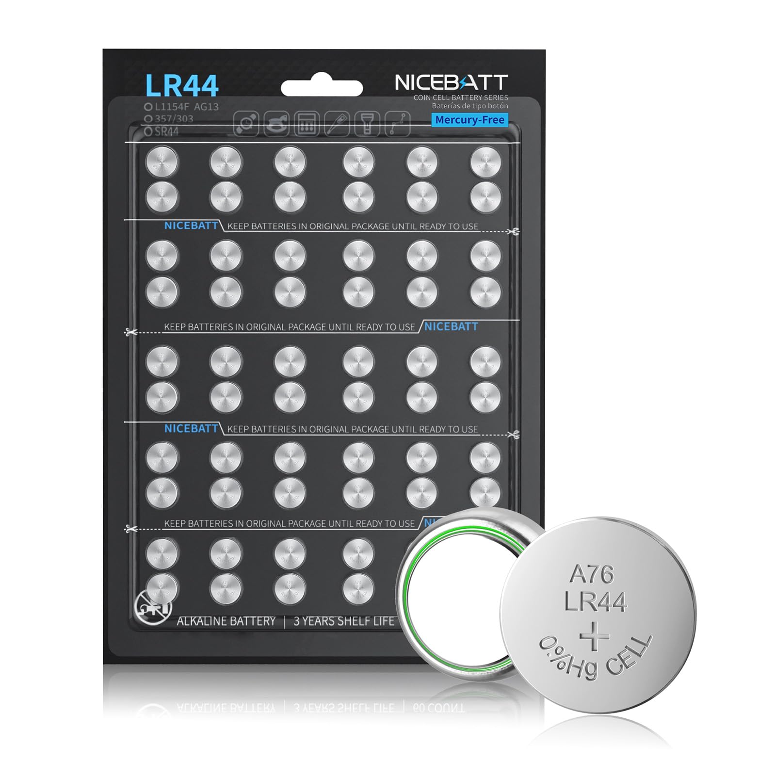 LR44 Batteries 60 Pack, AG13 L1154F 357 303 SR44 A76 Premium Alkaline 1.5V Button Coin Cell Battery