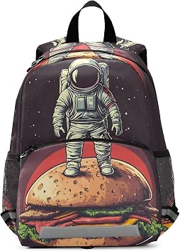 Toddler Backpack for Boys Girls, Astronaut Food Print Small Kids Schoolbag with Padded Back Strap Leash