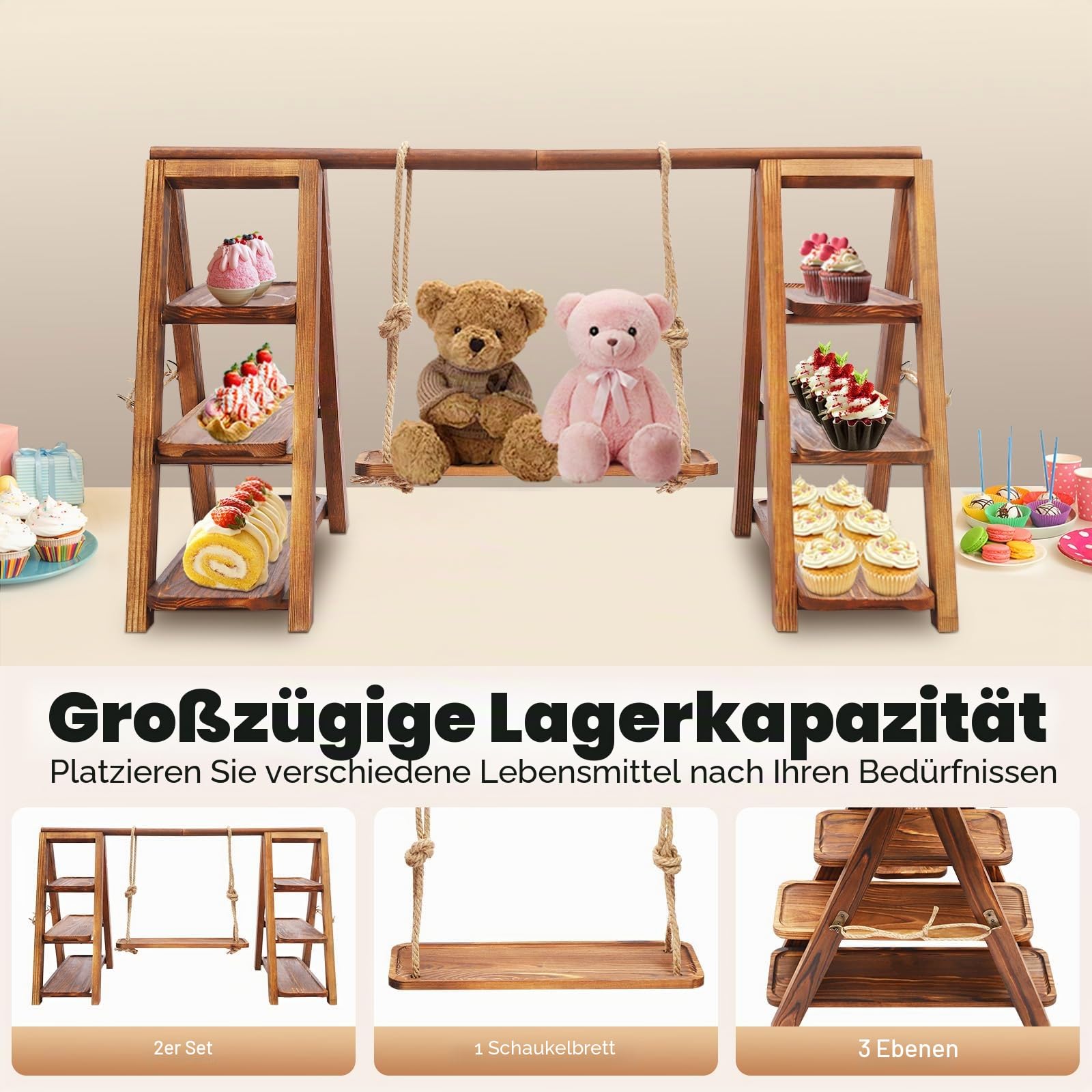 3-stöckiger Cupcake-Ständer aus Holz, verstellbare Dessert-Präsentation für Cupcakes, Snacks und Obst, dekorativer Party-Halter mit Schaukeldesign