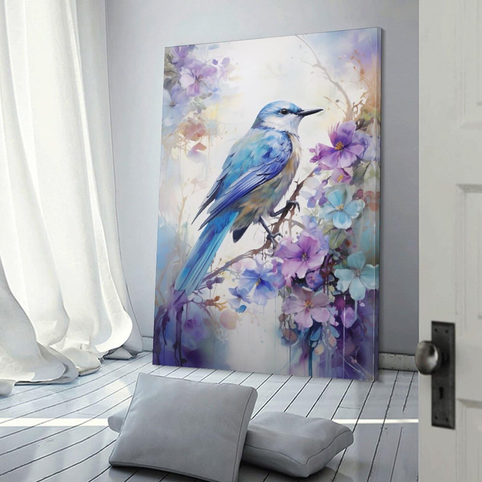 Stampa artistica da parete su tela, motivo: colibrì, con fiori moderni, per camera da letto