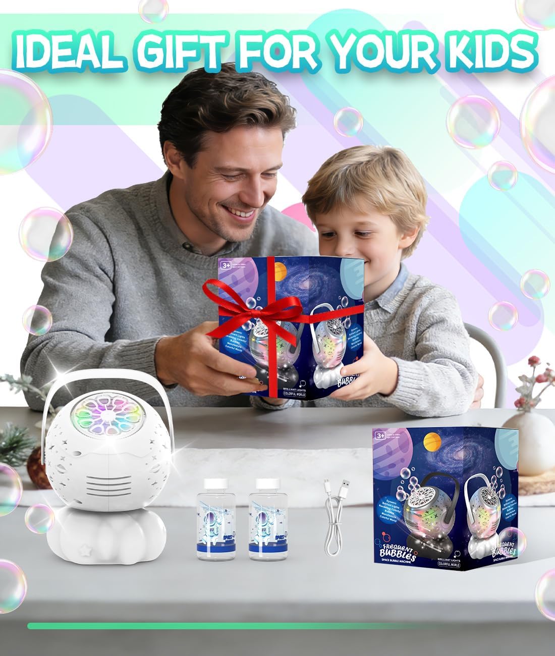 Upgraded Rechargeable Bubble Machine - Bubble Maker for Kids with 7 Color LED Light, Large Bubbles, 20.3oz Capacity, Type-C Charge - Outdoor Toys Gifts Ages 3+ for Toddlers, Easter, Birthday, Parties