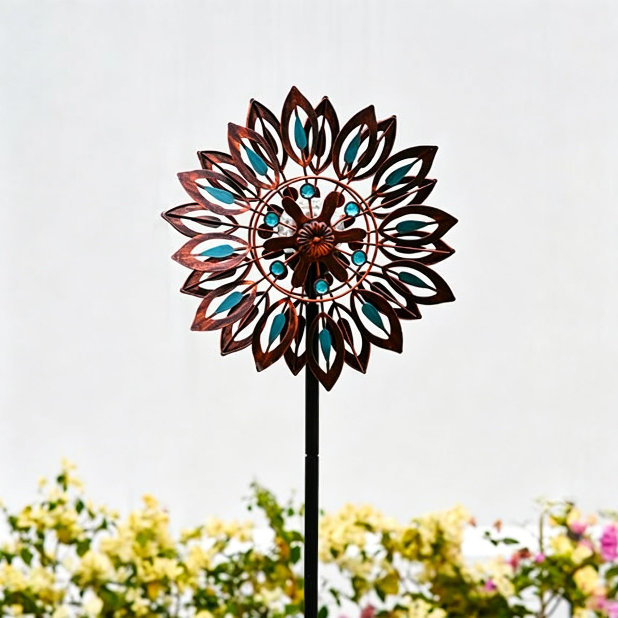 Girandola a vento solare in metallo, decorazione da giardino, girevole a 360°, scultura cinetica con luci LED in 6 colori, 190 cm, ornamento da giardino per cortile e prato (marrone)