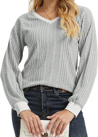 long sleeve sweaters for women V Neck Color Block Fall Winter Sweaters Lightweight Trendy Tunic