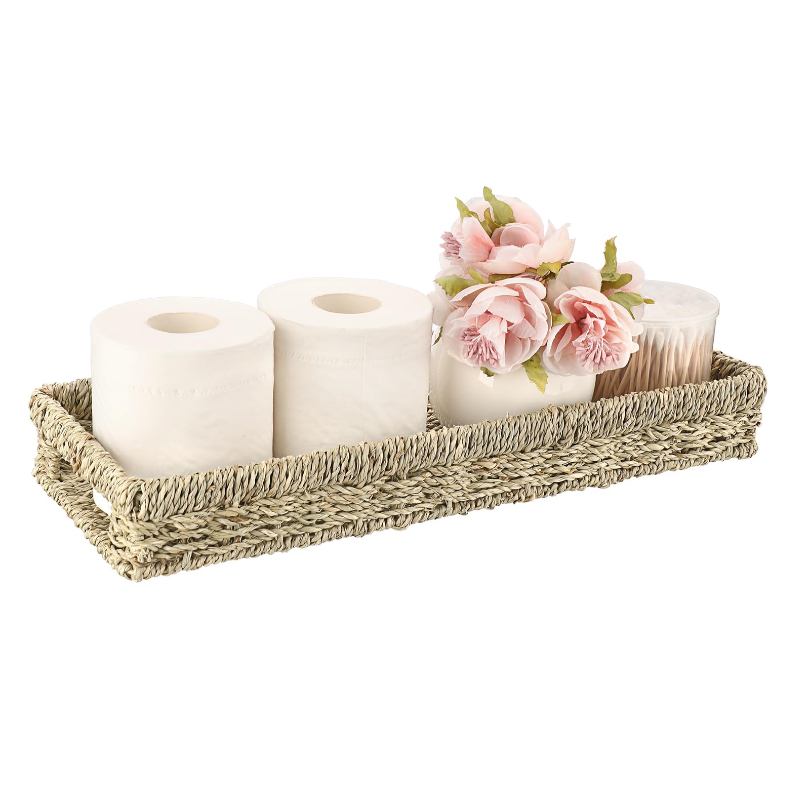 Sumnacon Bathroom Tray for Counter 16.9 Inch Natural Seagrass Bathroom Tray Over Toilet,Wicker Toilet Tank Tray Organizer Decorative Tray for Bathroom Toilet Vainty Kitchen Shelf Dining Table Desk