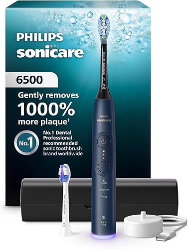 Philips Sonicare 6500 Series Electric Toothbrush - Next-Generation Sonicare Technology, Pressure Sensor, 9 Brushing Settings, SmarTimer, BrushPacer, 21-Day Runtime, Travel Case, Navy Blue, HX7413/07