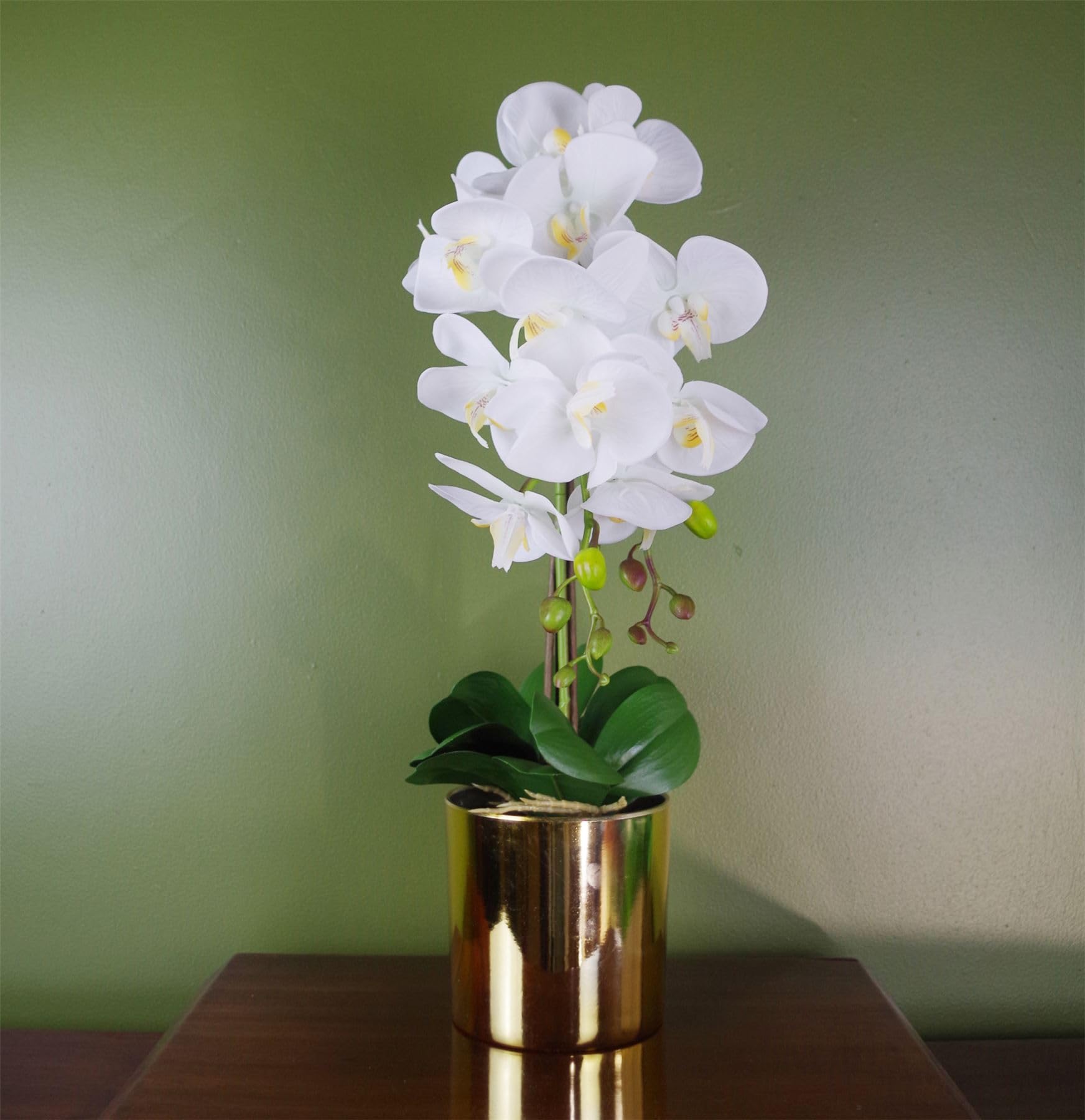 Leaf 52cm Artificial Orchid Large - White/Gold Plant - Realistic Real Touch Flowers