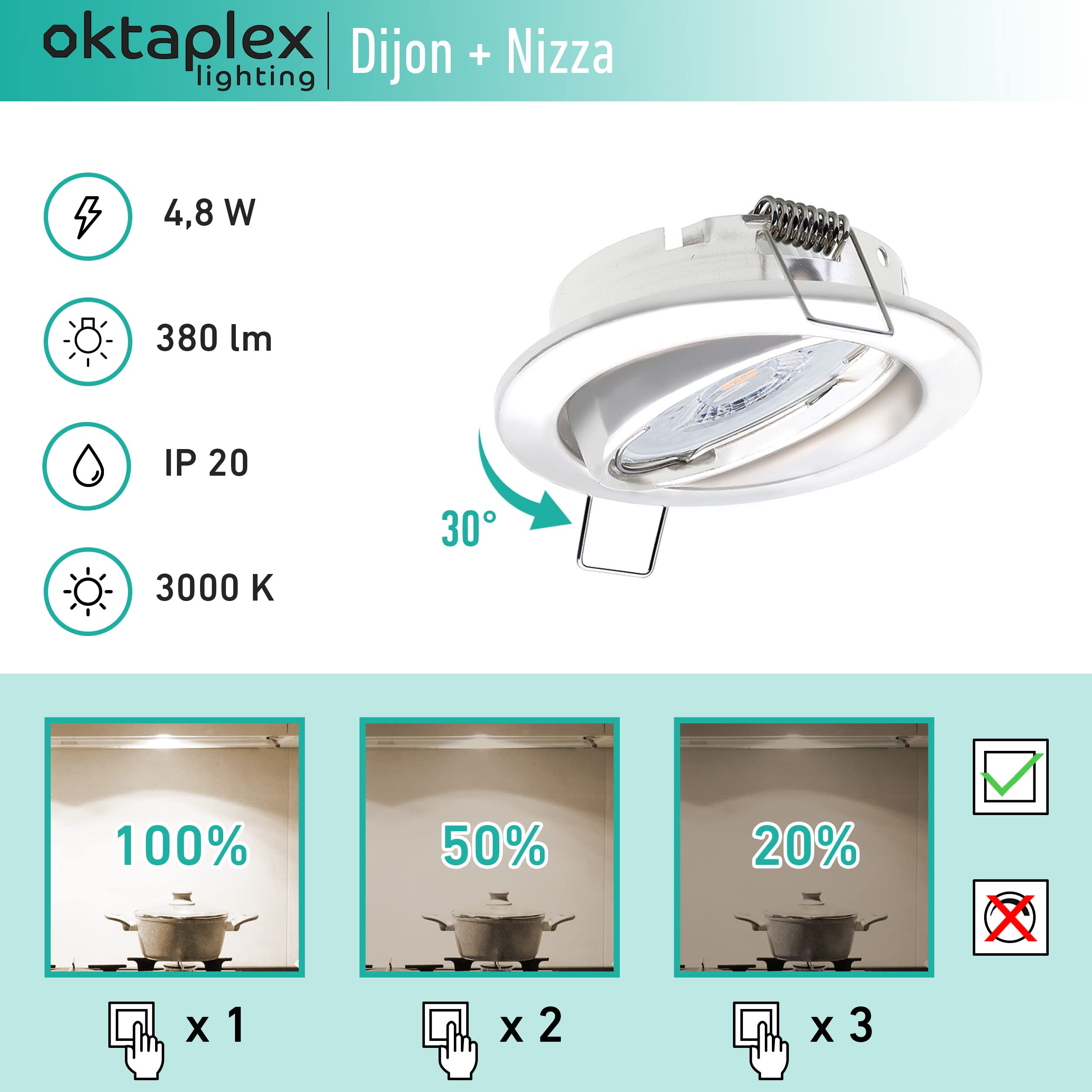 9 x Oktaplex Spot 3-stopniowe ściemnianie Dijon wychylne — moduł LED Nizza 4,8 W 3000 K 230 V 380 lm ciepła biel 110° — oświetlenie punktowe sufitowe białe wymiary otworu 68 mm