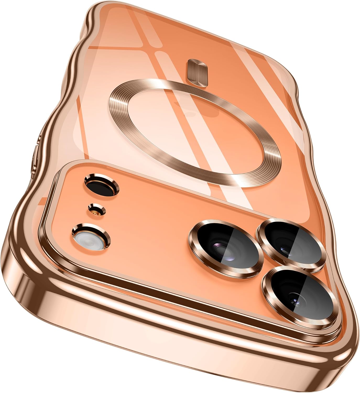 GVIEWIN for iPhone 17 Pro Case [Compatible with MagSafe][Upgraded Full Camera Protection][Cute Wave Frame] Glossy Slim Shockproof Protective Magnetic Phone Case for iPhone 17 Pro 6.3", Clear/Rose Gold
