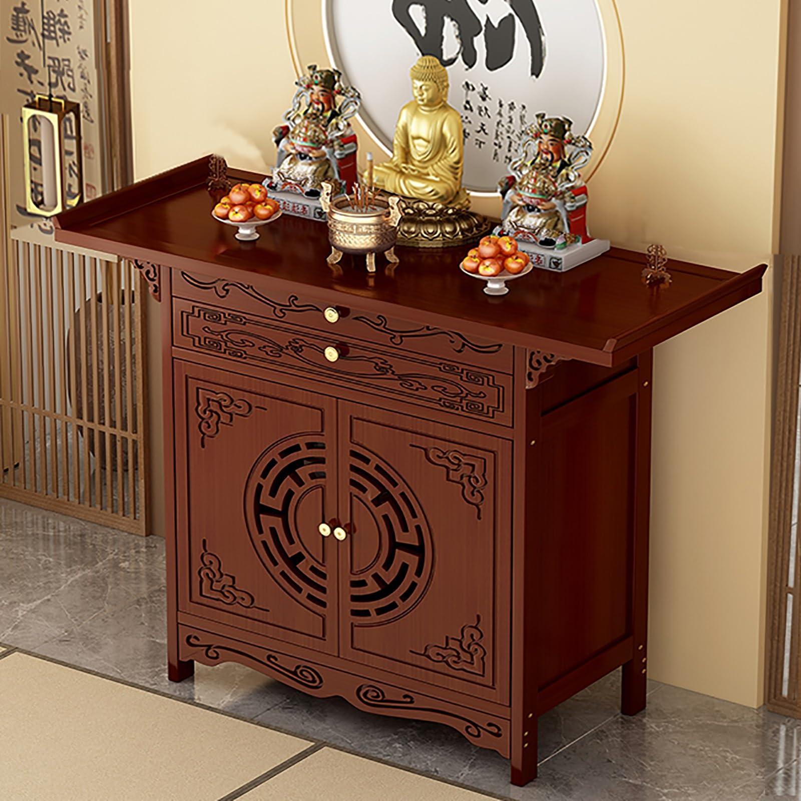 JNTFNE Meditation Table Altar with Storage Cabinet, Personal Shrine Stand Prayer, Bamboo Buddha Offering Pooja Table, for Living Room Bedroom Office(Red,100cm/39.4in)
