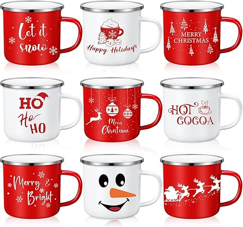Zhehao 9 tazas de café de Navidad de 12 onzas de esmalte de Navidad para vacaciones de invierno, taza de chocolate caliente de Navidad para Navidad,