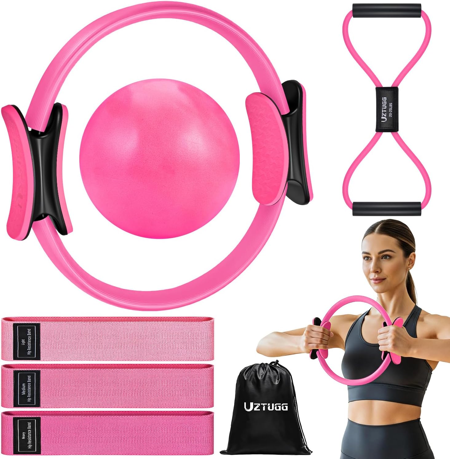 UZTUGG Pilates Equipment Kit at Home for Women, 4-in-1 Workout Essential Set with Pilates Ring, Fabric Resistance Bands, Figure 8 Resistance Band, Pilates Ball–Full Body Toning, Yoga & Stretching