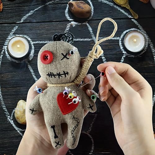 Miniatura 6 de Auténtica muñeca de vudú LOA, tarjetas de hechizos para aliviar el estrés, pines de regalo de broma en caja de ataúd de madera, juego completo