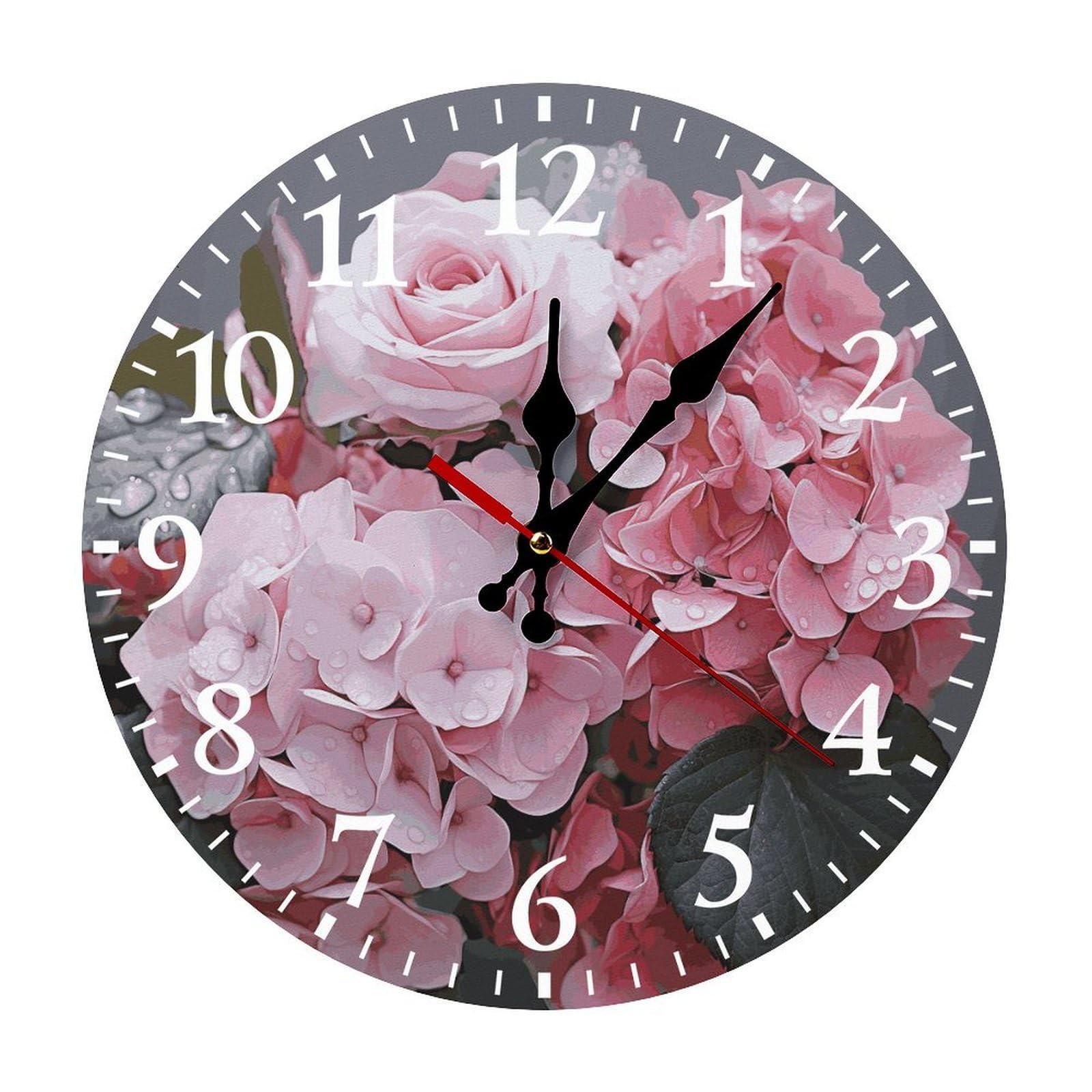 Horloge murale ronde rose motif hortensia de qualité supérieure 30 cm sur fond blanc
