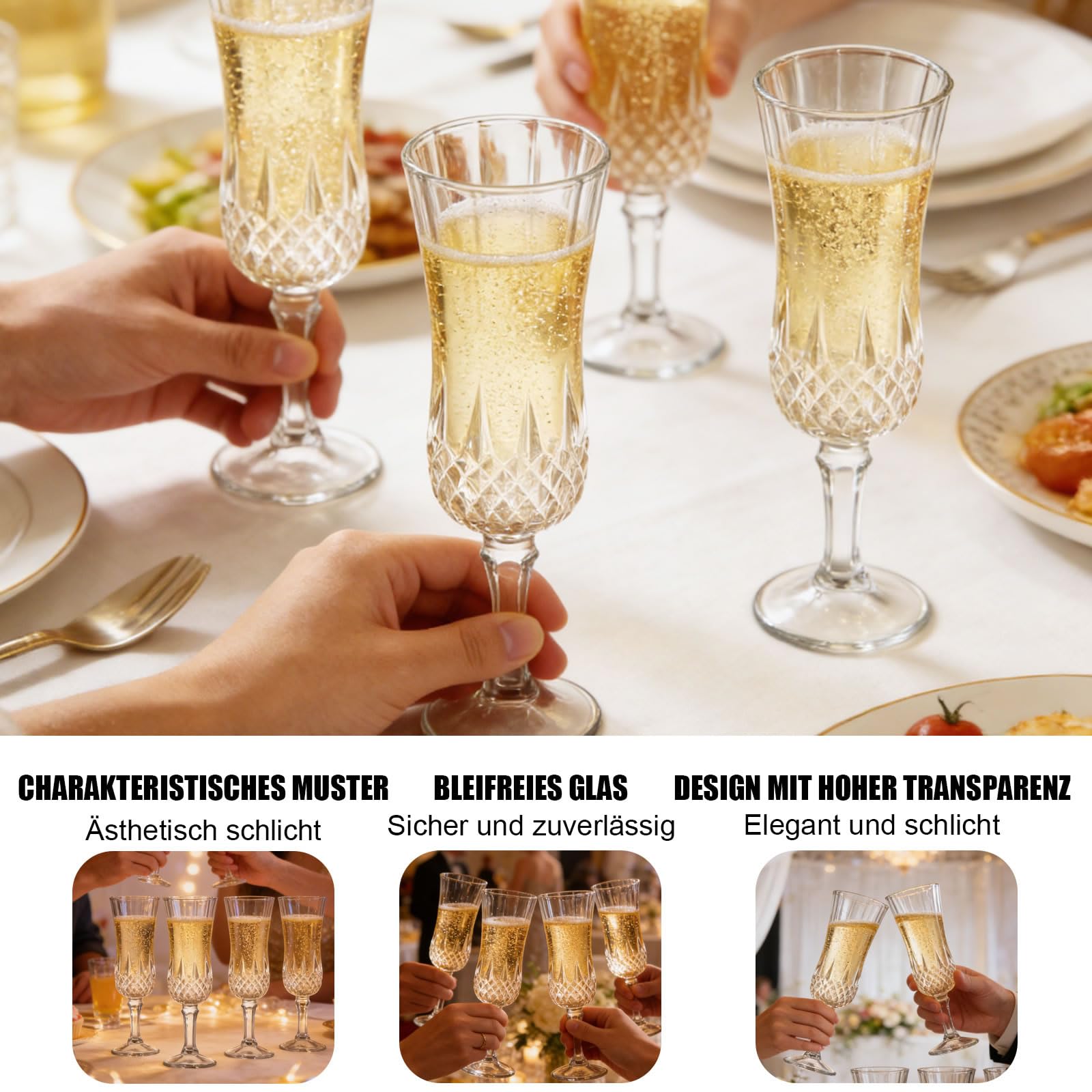 MYKAGS Gläser Set 6 162 ml Champagnerflöten, Vintage Stil, Wiederverwendbare Transparente Weingläser, Elegantes Design, Perfekt für Feierlichkeiten