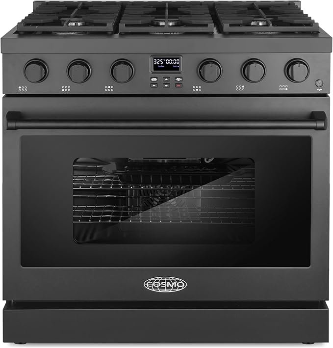 Cosmo Lumin 36-inch matte black gas range with 6 burners and large oven