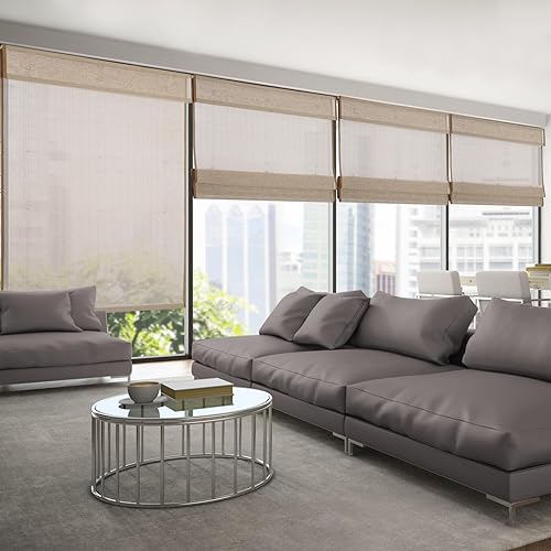 Vista 52 de Yin Yang Persianas romanas de bambú opacas sin cables, elegantes persianas romanas de madera tejida natural con salvia, persianas romanas de bambú