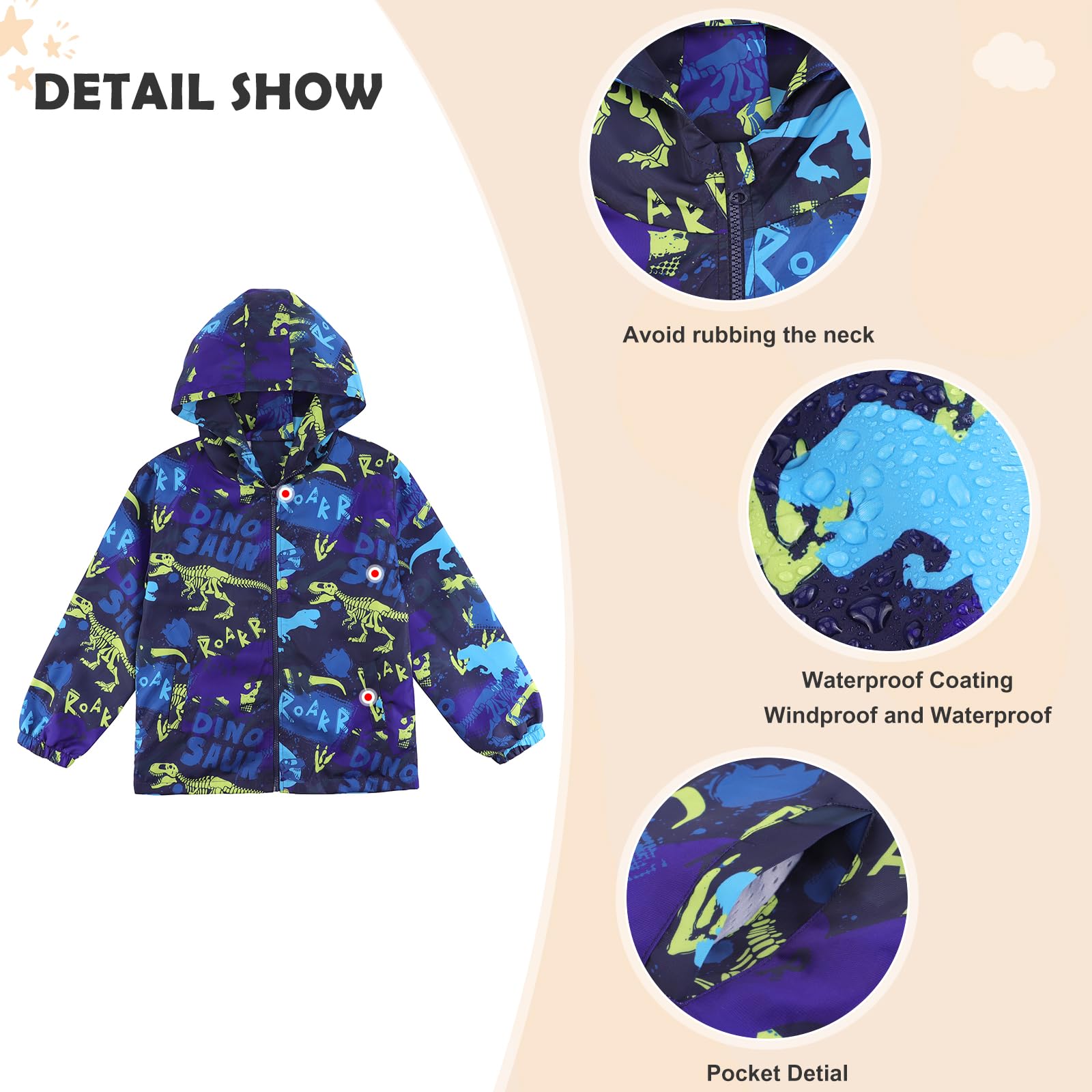 LACOFIA Jungen Wasserdichte Jacke Kinder Wasserabweisend Schule Übergangsjacke mit Kapuze und Gefüttert Leichte Outdoor Regenjacke für Kinder 3~12 Jahre