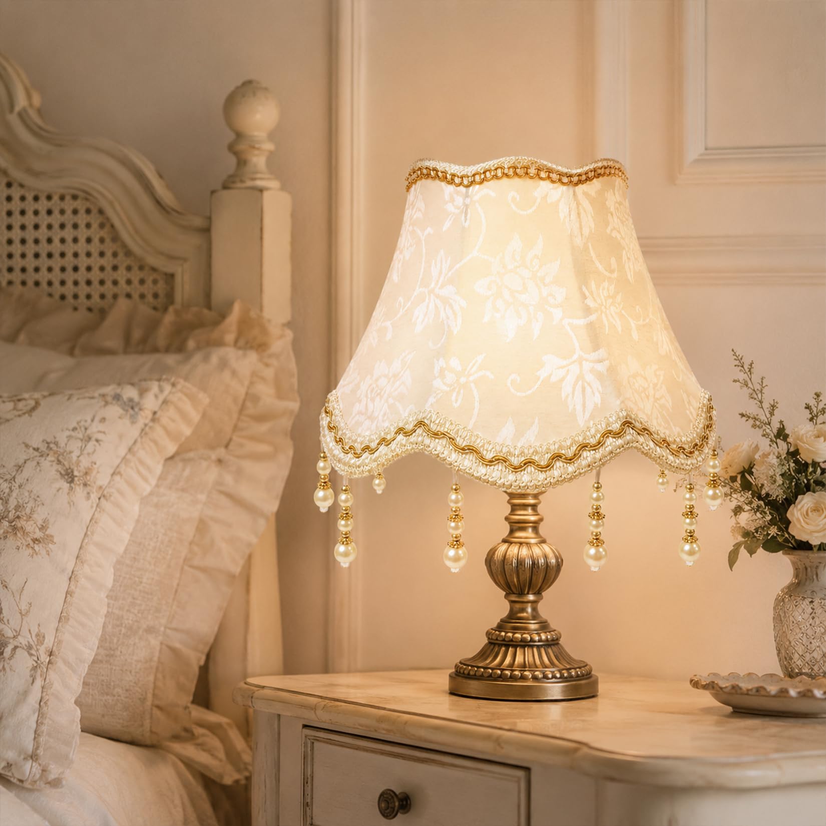 Kleiner Lampenschirm E27 Retro Anhänger Handgefertigte mit Fransen Eleganter Vintage Lampenschirm Stoff für Kronleuchter Pendellampe Wandleuchte Hängelampe (Beige)