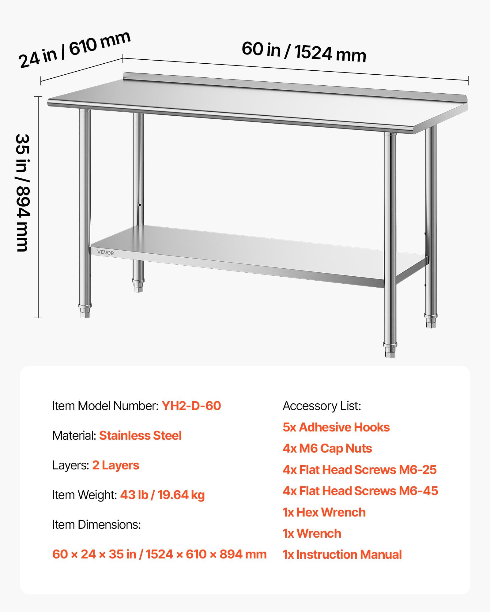 VEVOR Tavolo da Lavoro per Cucina in Acciaio Inox, Tavolo di Preparazione da Cucina 152,4 x 61 cm Isola Centrale per Catering Bar Hotel Ristorante Banchetti Banco da 2 Ripiani con Alzatina Senza Ruote