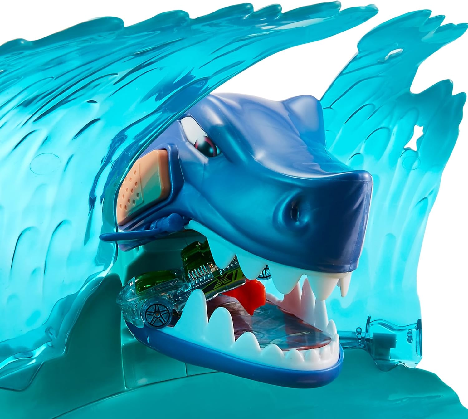 Hot Wheels car captured in the shark's mouth