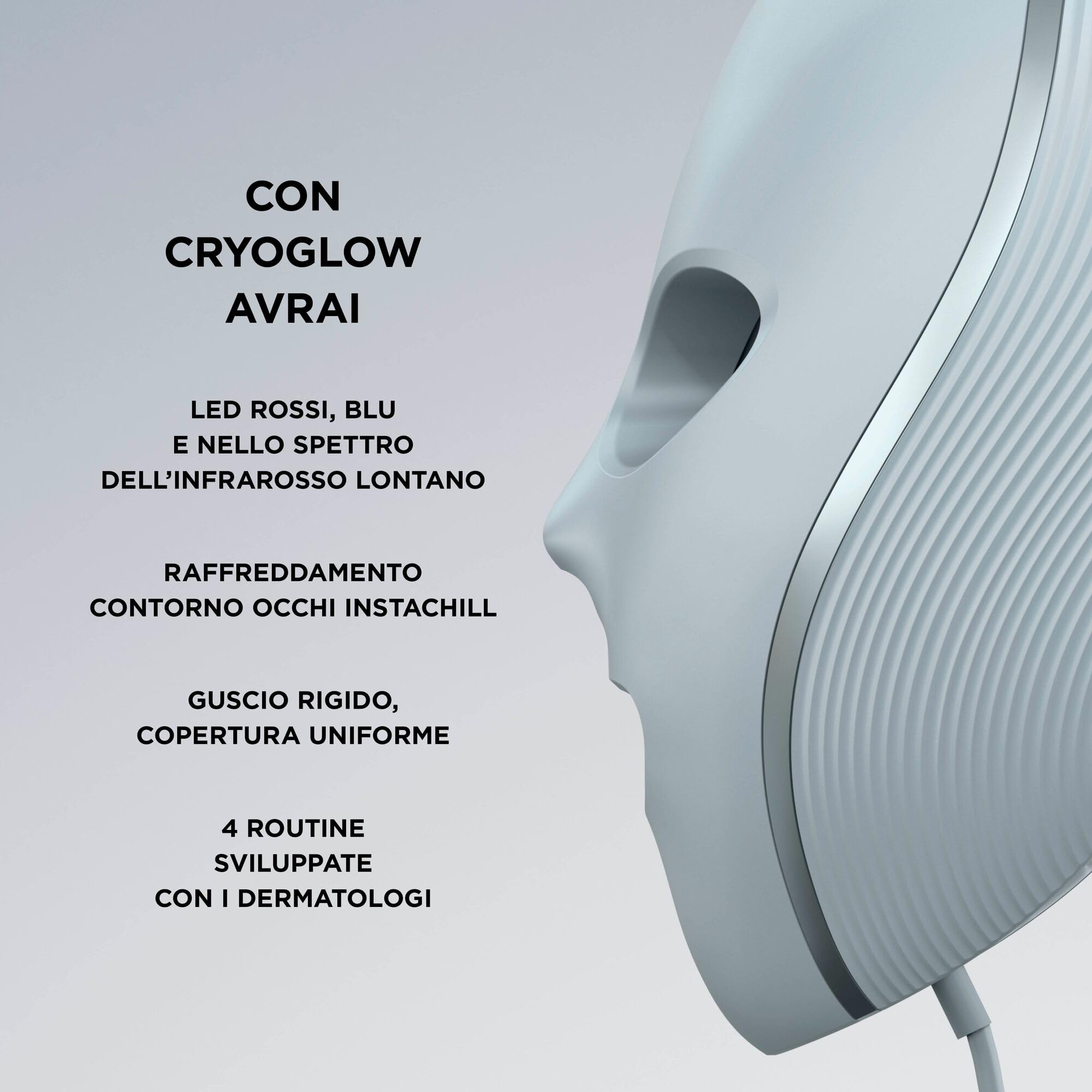Maschera Shark CryoGlow con raffreddamento del contorno occhi, LED rossi e blu, terapia a luce infrarossa, USB-C, telecomando, custodia, fascette regolabili, Blu ghiaccio FW312EU