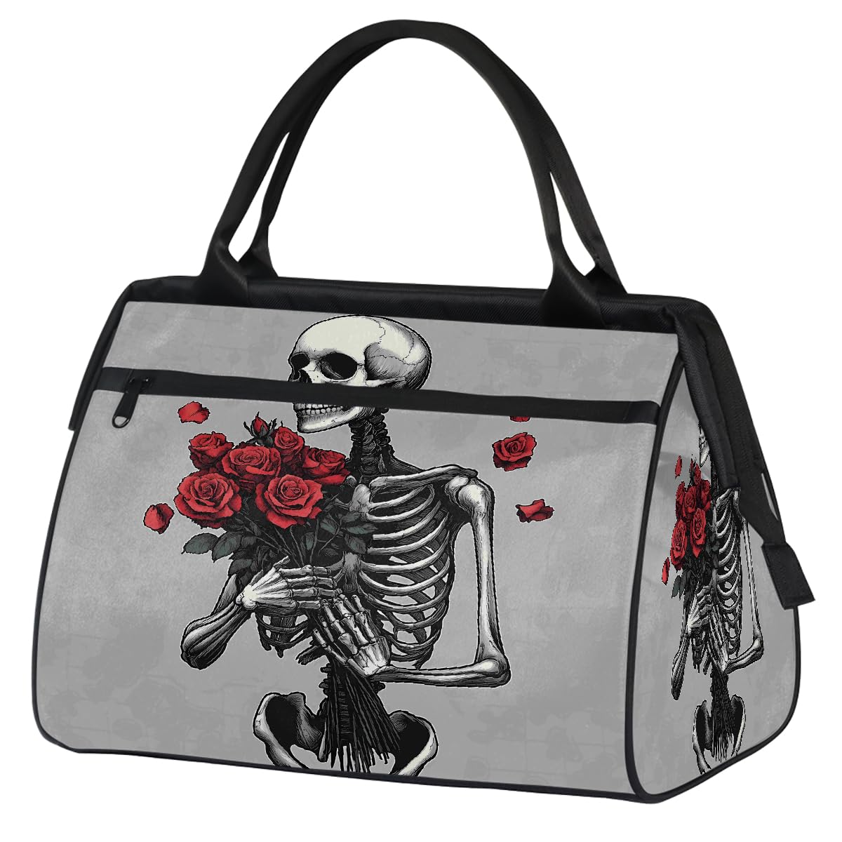 Borsa da palestra con teschio floreale per uomini e donne, scheletro rosa da viaggio, borsone sportivo da viaggio, borsa impermeabile per il fine settimana, borsa leggera da portare a mano