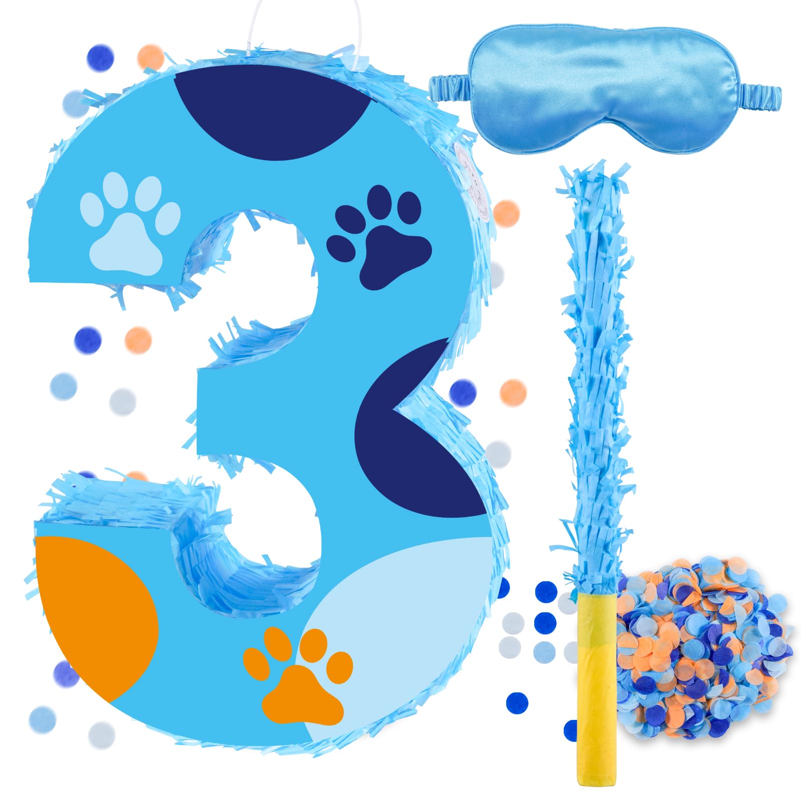 16 Inch Number 3 Dog Paw Pinata with 16 Inch Piñata Stick Blindfold Confetti for Boy Girl Kids 3rd Birthday Party Decorations (3rd)