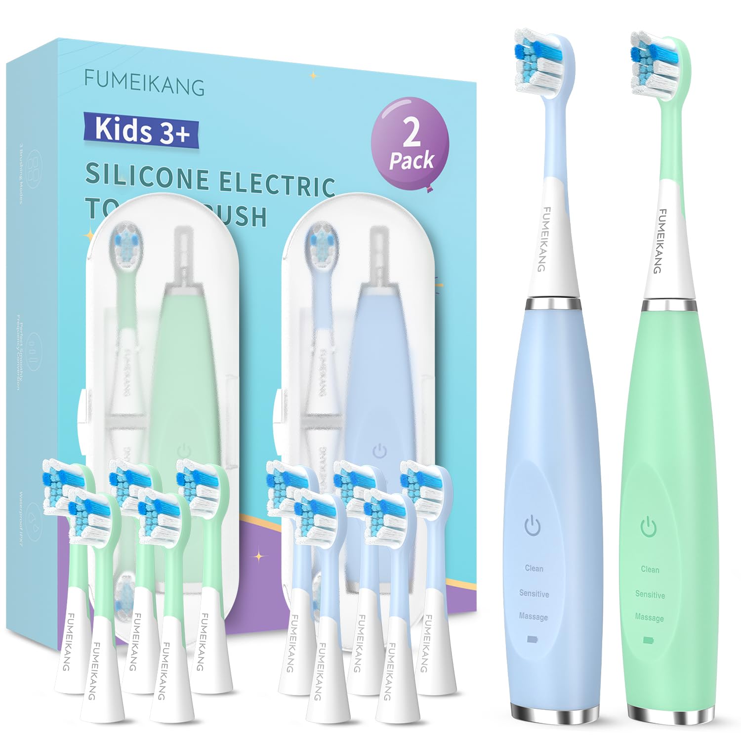 Spazzolini elettrici per bambini, confezione da 2, spazzolino sonico intelligente per ragazzi e ragazze, blu+menta
