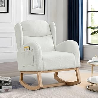 Rocking Glider Chair for Nursery, Wingback Teddy Accent Rocker Chair Upholstered Tall Back Arm Chair w/Side Pockets, Modern Leisure Single Sofa for Living Room, Hotel, Bedroom, Baby Room, Ivory