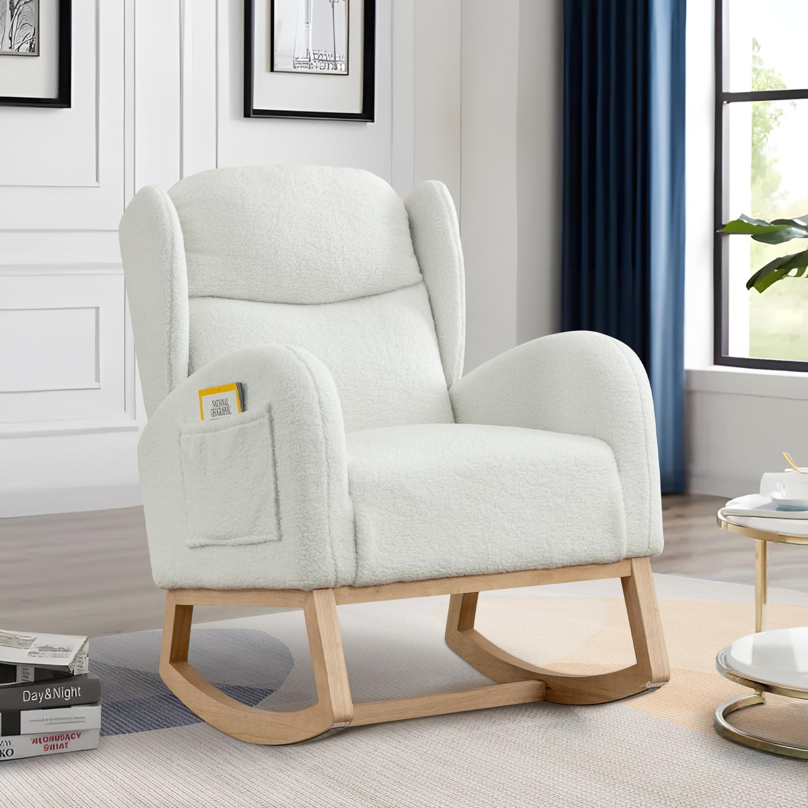 Rocking Glider Chair for Nursery, Wingback Teddy Accent Rocker Chair Upholstered Tall Back Arm Chair w/Side Pockets, Modern Leisure Single Sofa for Living Room, Hotel, Bedroom, Baby Room, Ivory